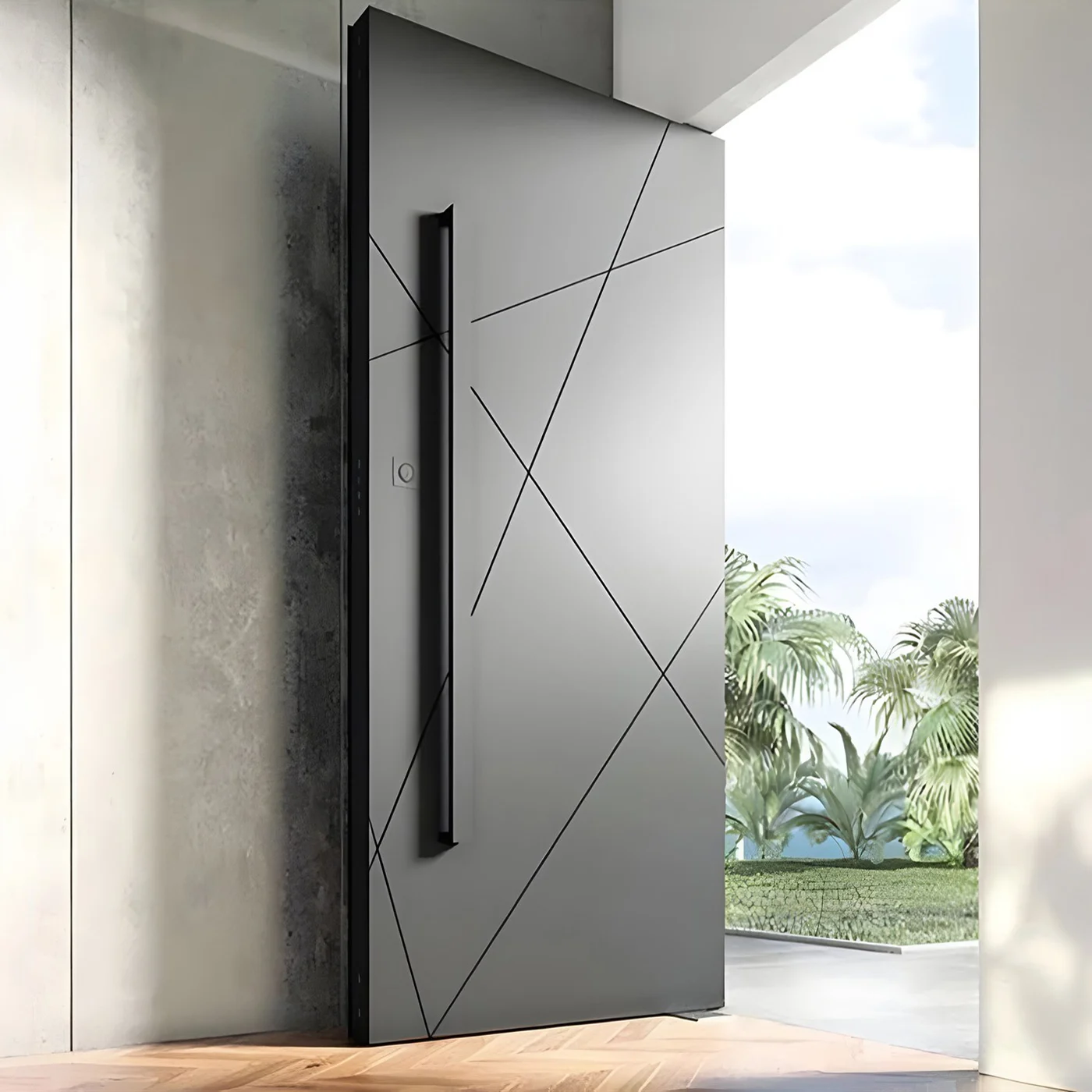Dark aluminium pivot entrance door with intersecting diagonal panel lines