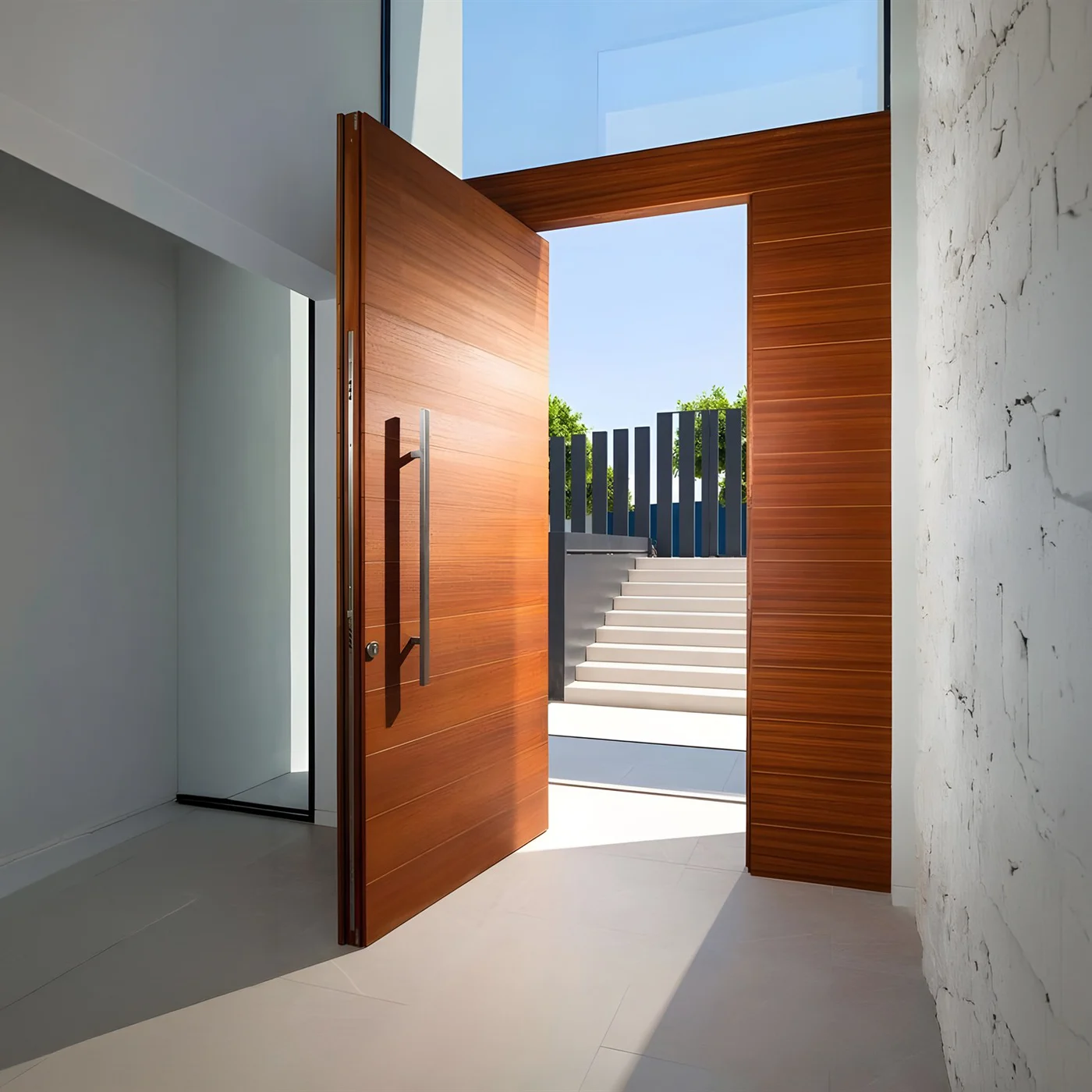 Wood-effect aluminium pivot door with a long black handle at a contemporary entrance